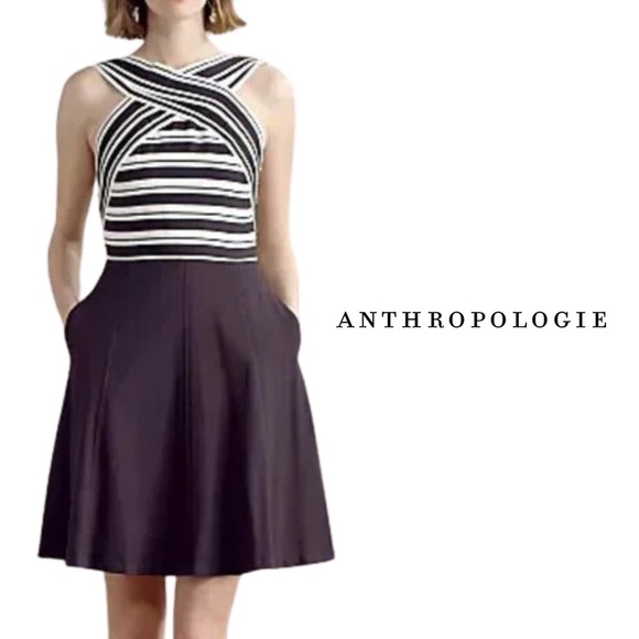 Anthropologie Maeve Crosswire Black and White Striped Flare Dress - Size 2 - Picture 1 of 11